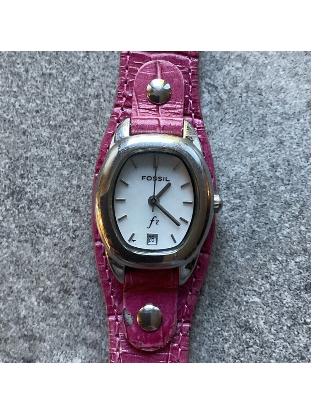 Fossil Womens Watch 23mm Silver Tone Case W/MOP Dial & Pink Leather Band Bin S